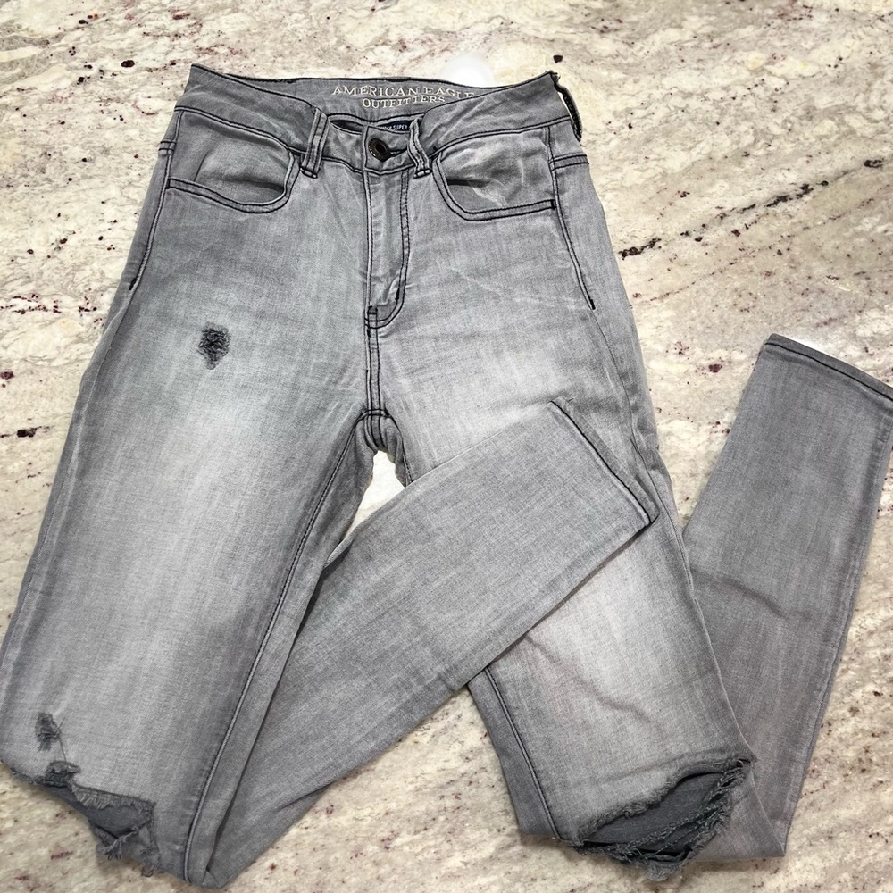 American Eagle Super Super Stretch Grey Distressed Jeans